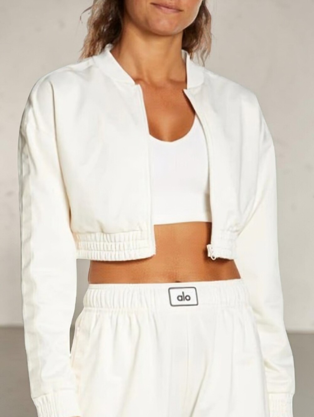 Alo Yoga Ivory Cropped Bomber Full Zip Jacket Athleisure